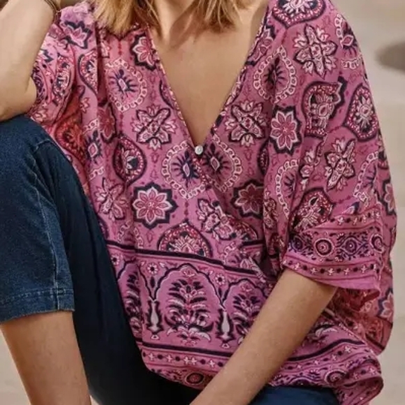NEW J Jill Mixed Medallion V neck Poncho In Dark Pink Size XL-3x - Picture 1 of 5